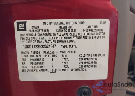 2003 GMC Envoy Slt from USA, damaged, VIN 1GKDT13S532321847